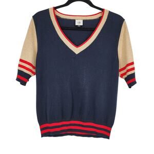 Cabi Navy V-Neck Ringer Short Sleeve Sweater Blouse Size Medium